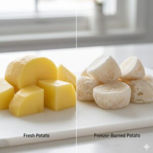 冷凍すると食感がボソボソに変わってしまう生のジャガイモの失敗例と、冷凍前の状態の比較。